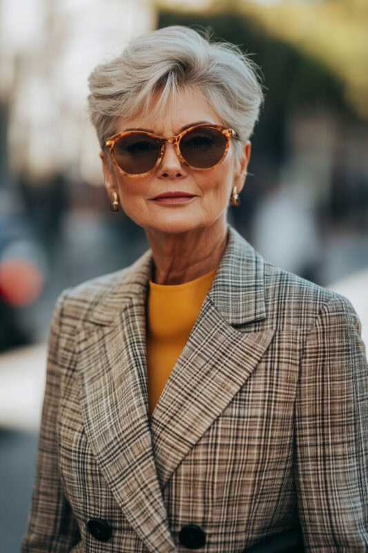 Mujer con un corte de pelo pixie voluminoso que tiene mucha altura.