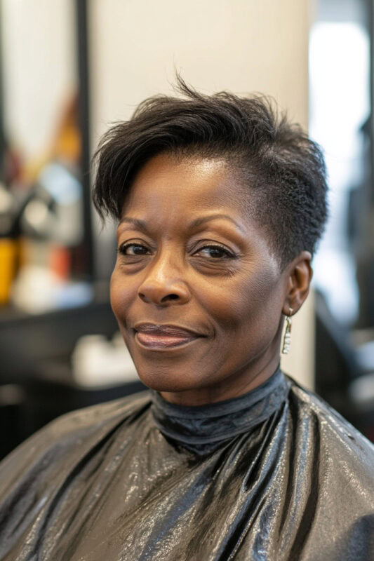 Woman with an asymmetrical pixie haircut.