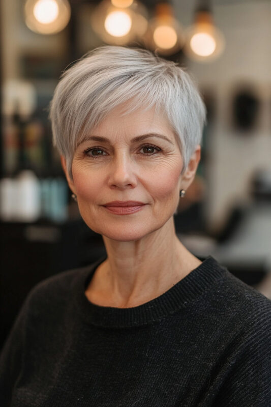 Woman with a textured pixie hairstyle and long bangs.