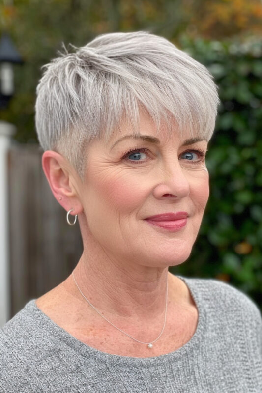 Woman with a tapered pixie haircut and bangs.