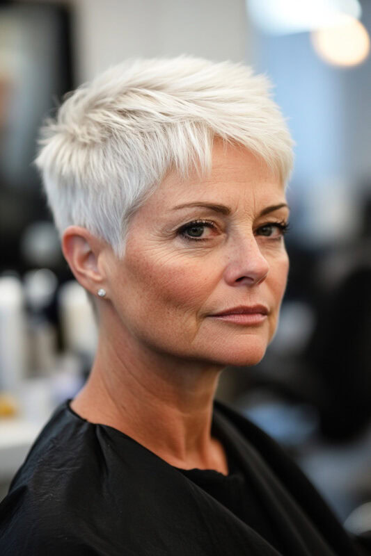 Woman with a platinum white layered pixie haircut.