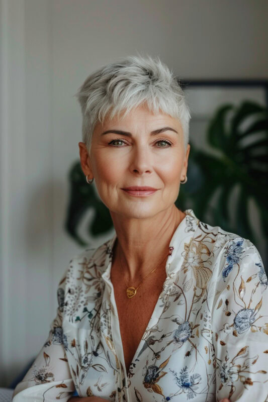 Woman with a choppy pixie haircut.