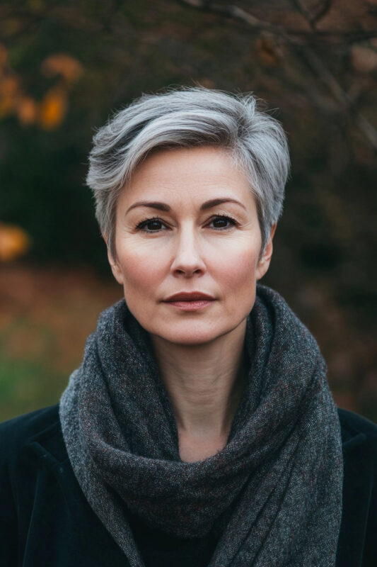 Woman with a voluminous pixie haircut that has a side part.