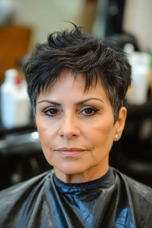 Woman with a long spiky pixie haircut.