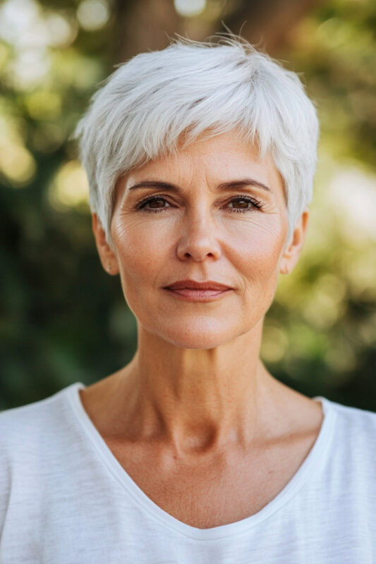 Mujer con un corte de pelo pixie en capas suaves.