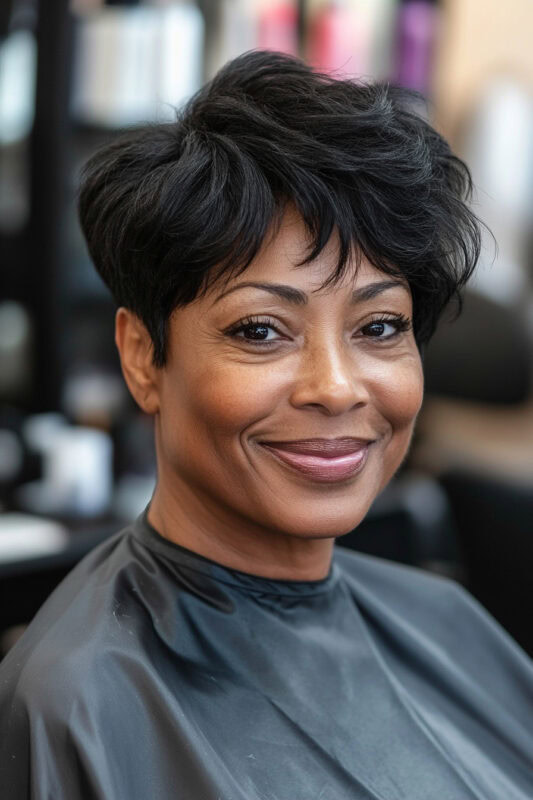 Woman with a curly and voluminous pixie haircut.