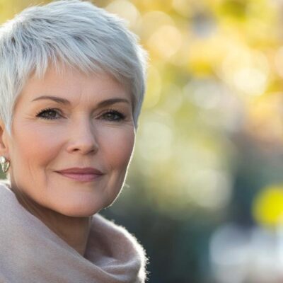 Older woman with a short pixie haircut.