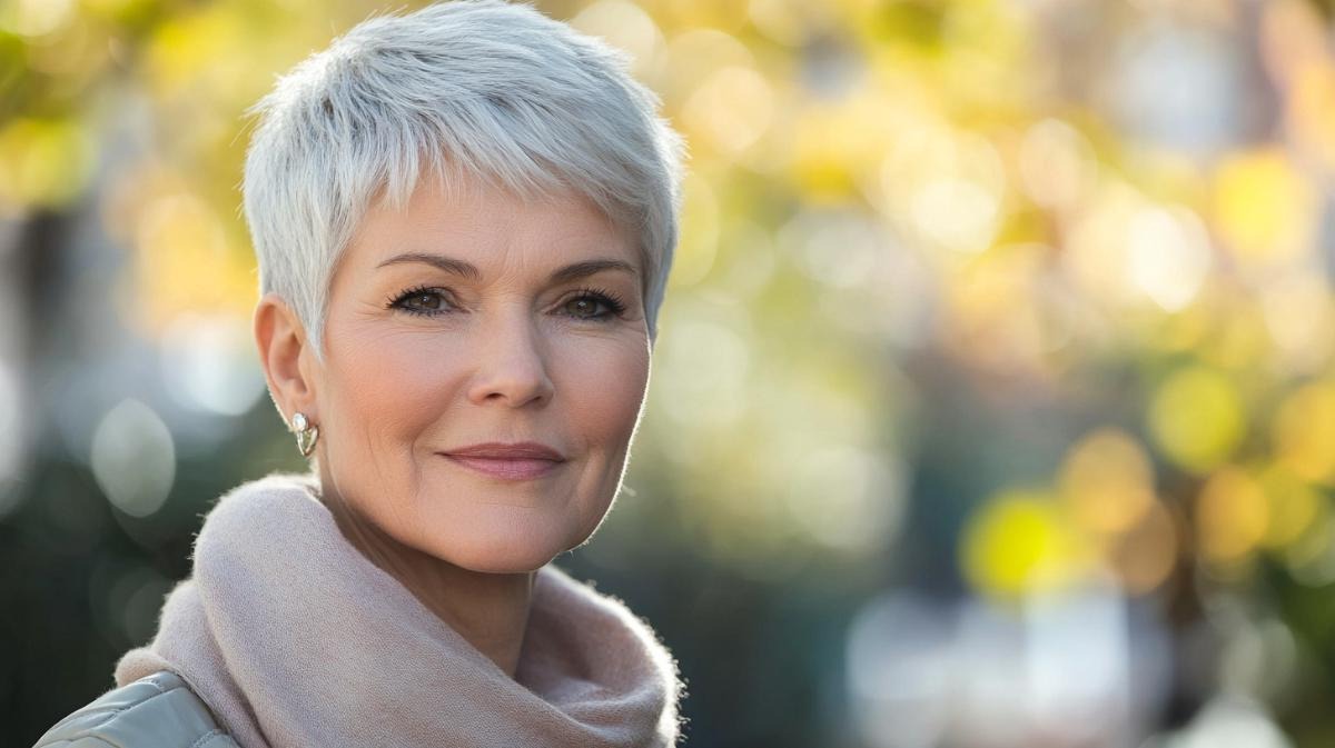 Older woman with a short pixie haircut.