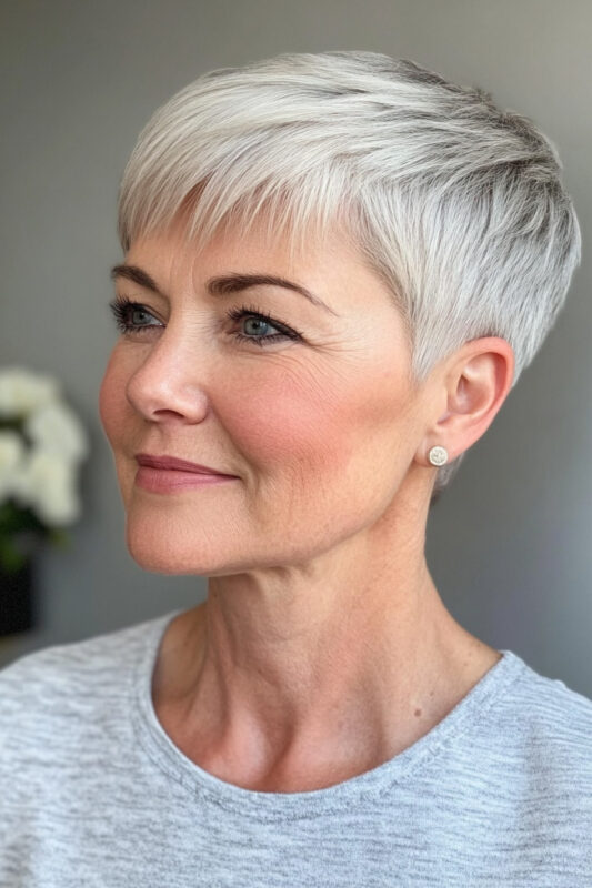 Woman with a classic tapered pixie haircut.