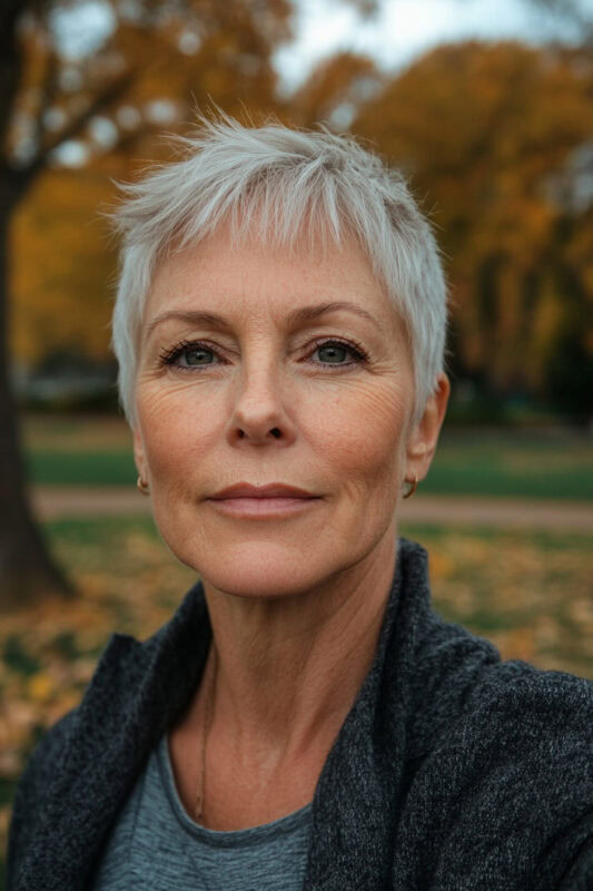 Woman with a short feathered pixie hairstyle.