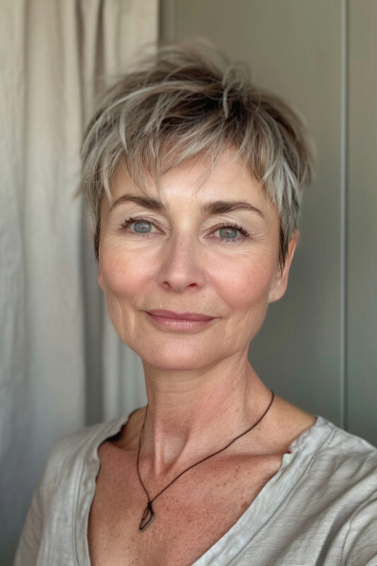 Woman with a shaggy pixie haircut.