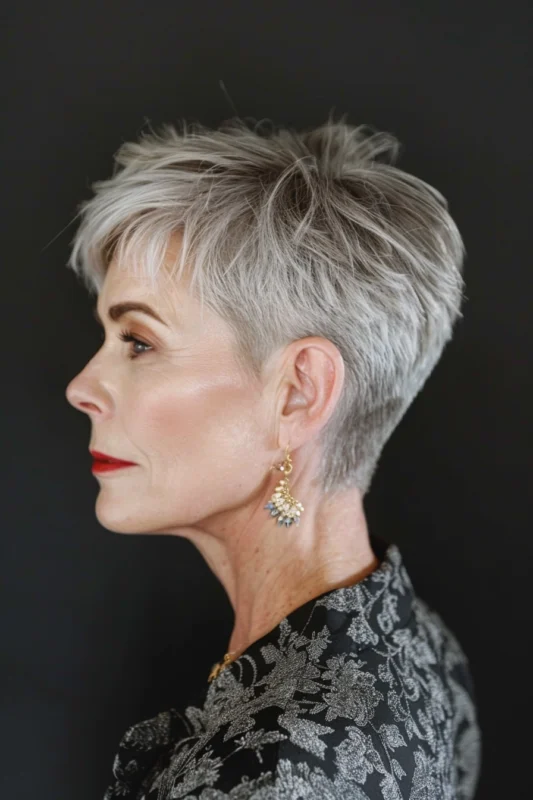 Woman with a textured pixie haircut that has a tapered back.