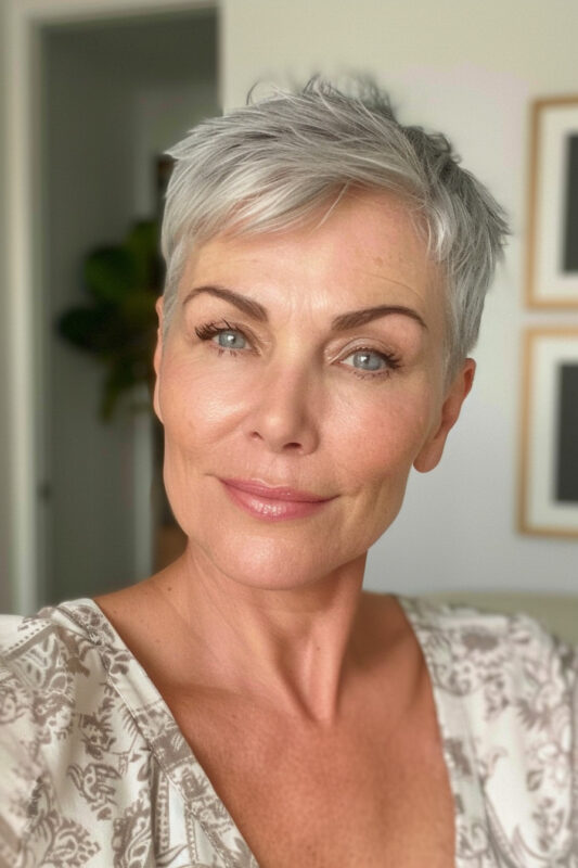 Woman with a tousled pixie haircut.