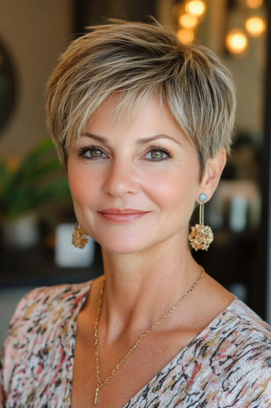 Woman with a layered pixie haircut and side-swept bangs.