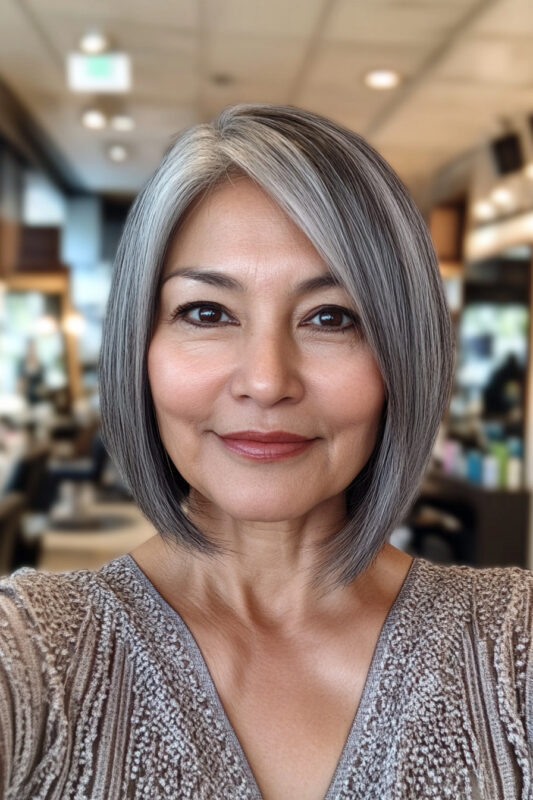 Woman over 50 with a razor-cut salt and pepper bob.