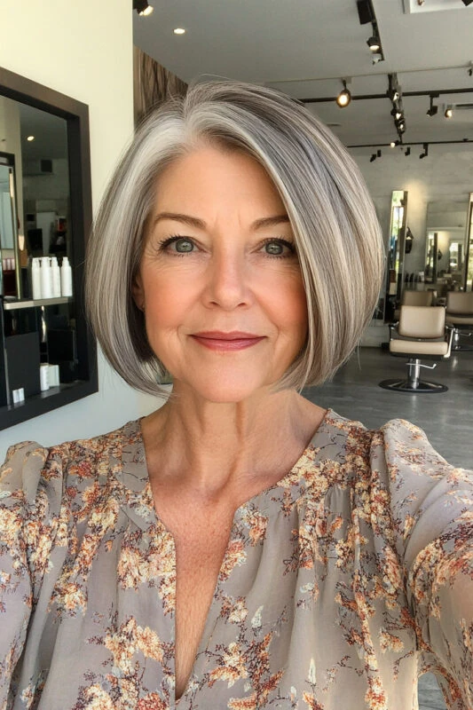 Woman over 50 with a rounded salt and pepper bob.