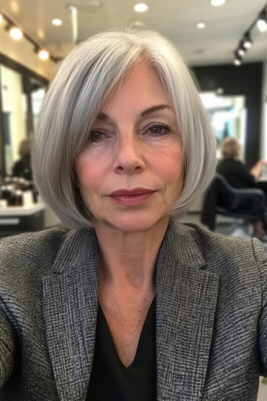 Woman over 50 with a rounded salt and pepper bob with a side fringe.