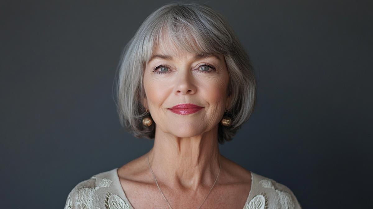 Older woman with salt and pepper bob and fringe.