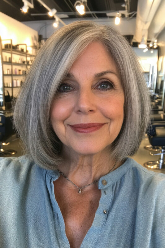 Woman over 50 with a salt and pepper bob with textured ends and a side part.