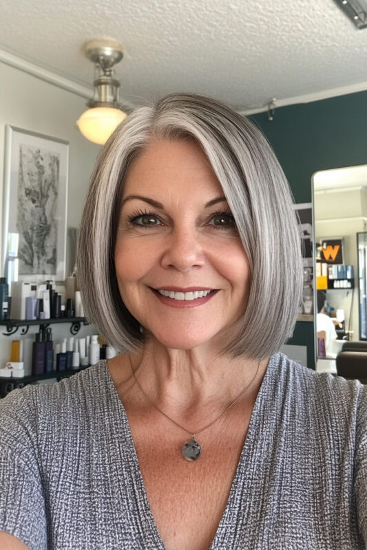 Woman over 50 with a short gray bob with a slight side part.