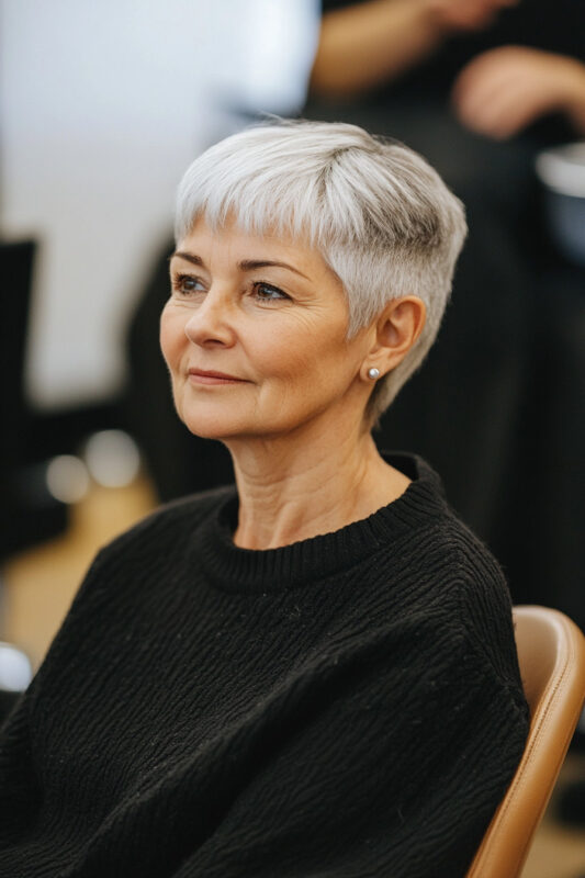 Woman with a bowl pixie haircut.