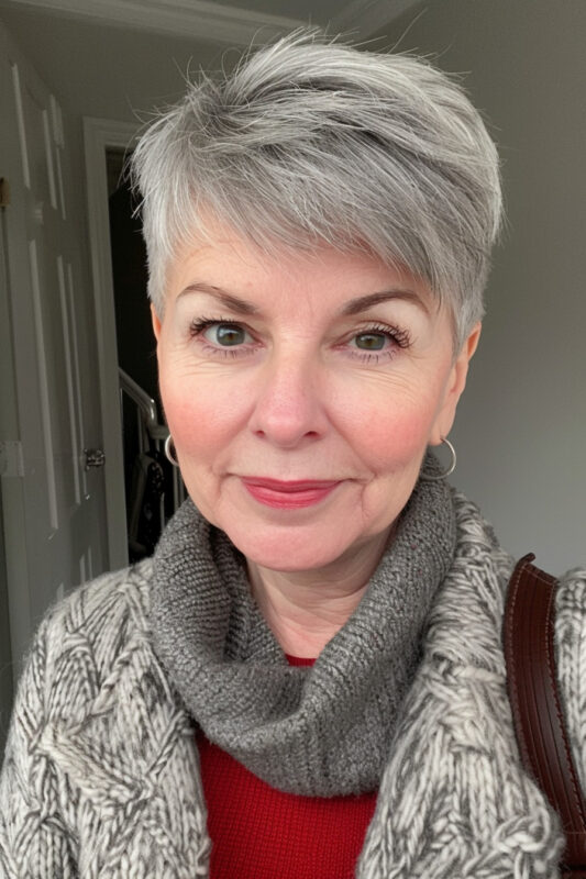 Woman with a textured pixie haircut and side part.