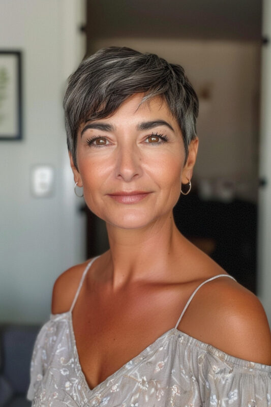 Woman with a feminine long pixie haircut.