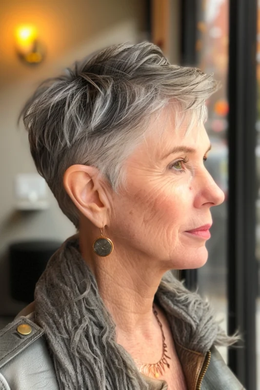 Woman with a pixie hairstyle with short tapered sides.