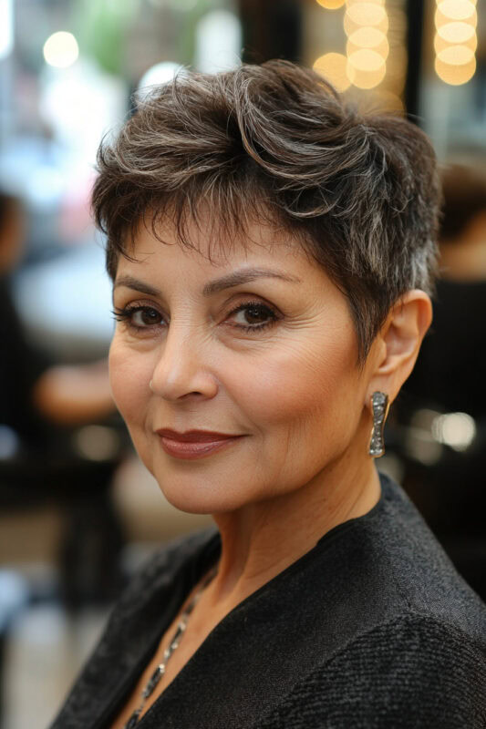 Woman with a choppy textured pixie haircut.