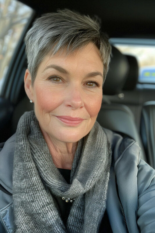 Woman with a classic pixie haircut that has a lot of texture.