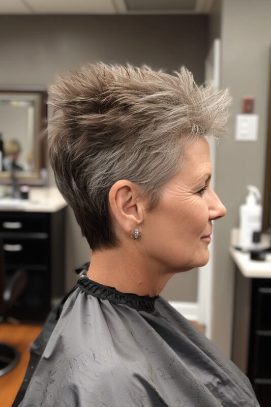 Woman with a spiked pixie haircut and tapered sides.