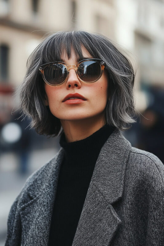 Woman with a short salt and pepper bob with micro bangs.