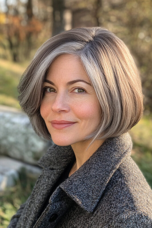 Woman over 50 with a short, side-parted salt and pepper bob.