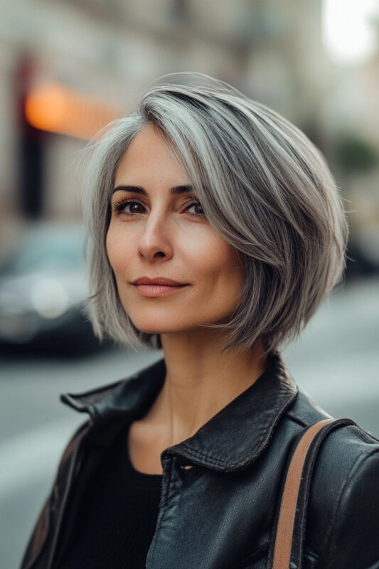 Woman over 40 with a side-parted salt and pepper bob.