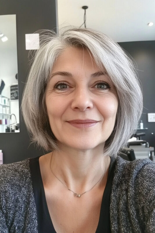 Woman over 50 with a textured salt and pepper bob.