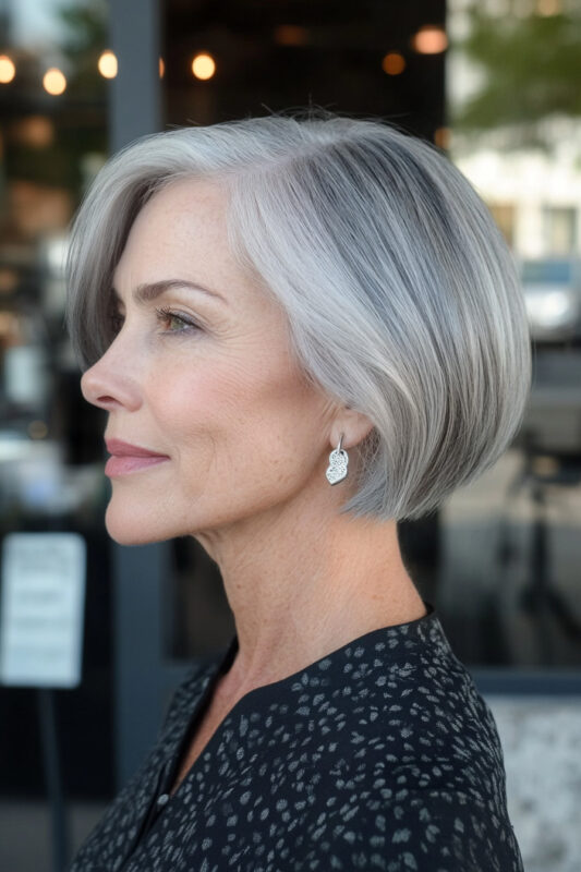 Woman over 40 with a very short, rounded salt and pepper bob.