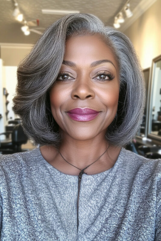 Woman over 50 with a voluminous salt and pepper bob.