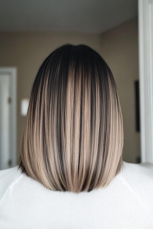 Mujer de cabello negro y mechas rubias beige.