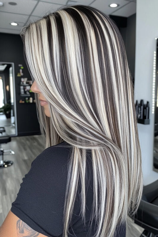 Woman with chunky white streaks on her black hair.