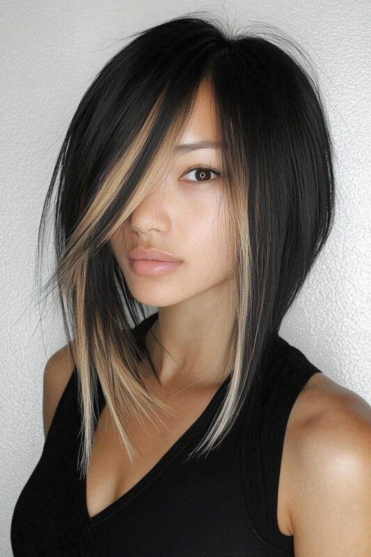 Woman with a subtle honey blonde money piece and black hair.