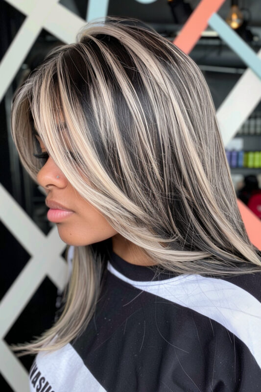 Mujer de cabello negro y mechas rubias cremosas.