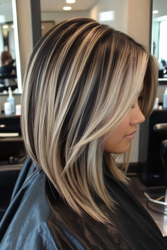 Mujer con rico cabello negro y reflejos color caramelo.