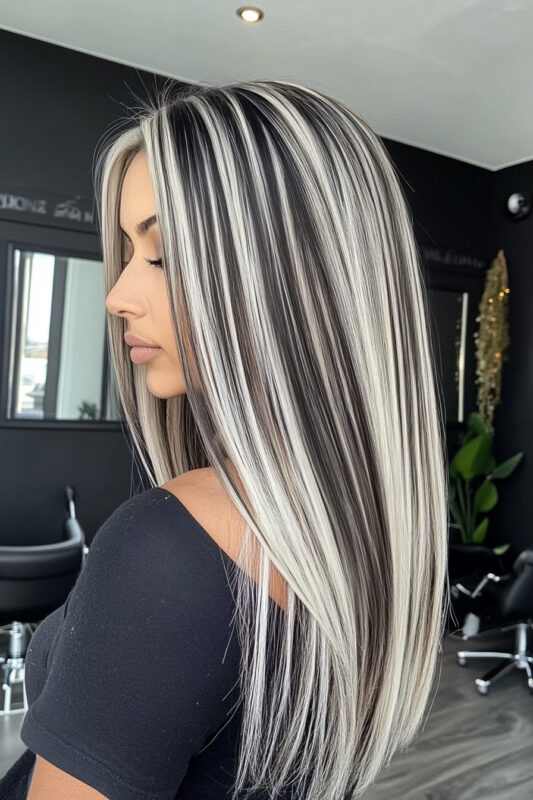 Mujer con cabello negro azabache y mechas platino completas.