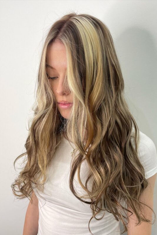 Woman with brown hair and blonde highlights.