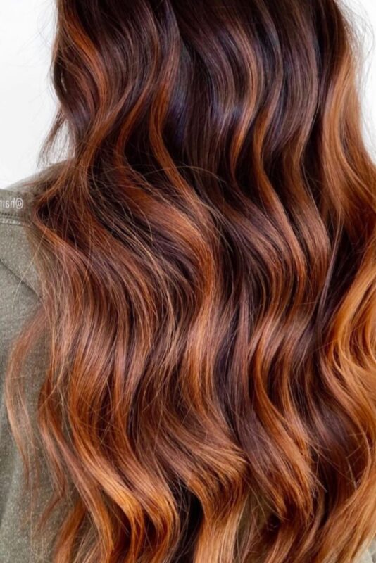 Woman with bright copper highlights on dark brown hair.