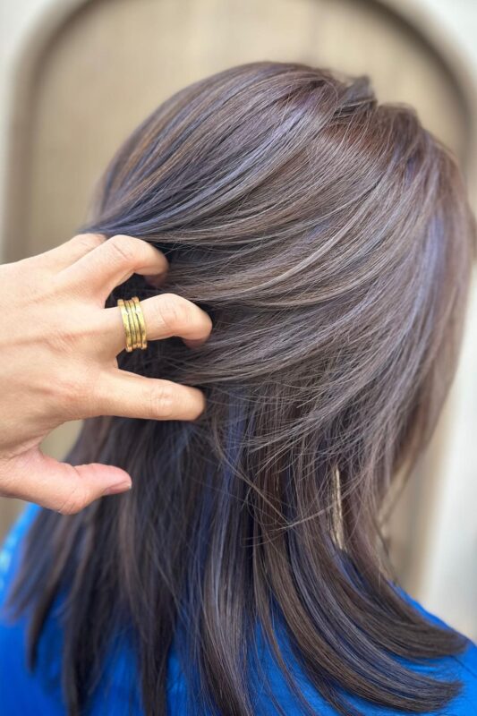 Woman with brown hair and blue highlights.