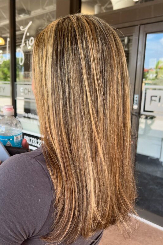 Woman with straight brown hair and caramel highlights.