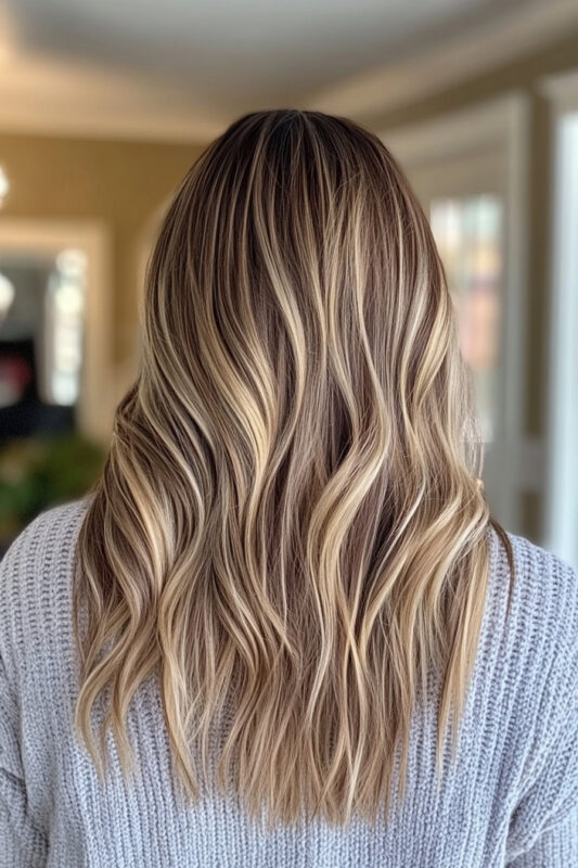 Woman with light chestnut brown hair with honey highlights.