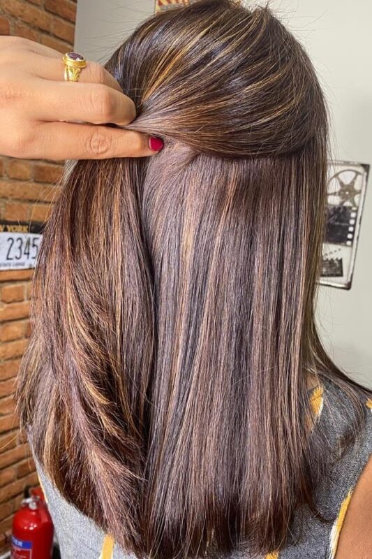 Woman with long brown hair and honey highlights.