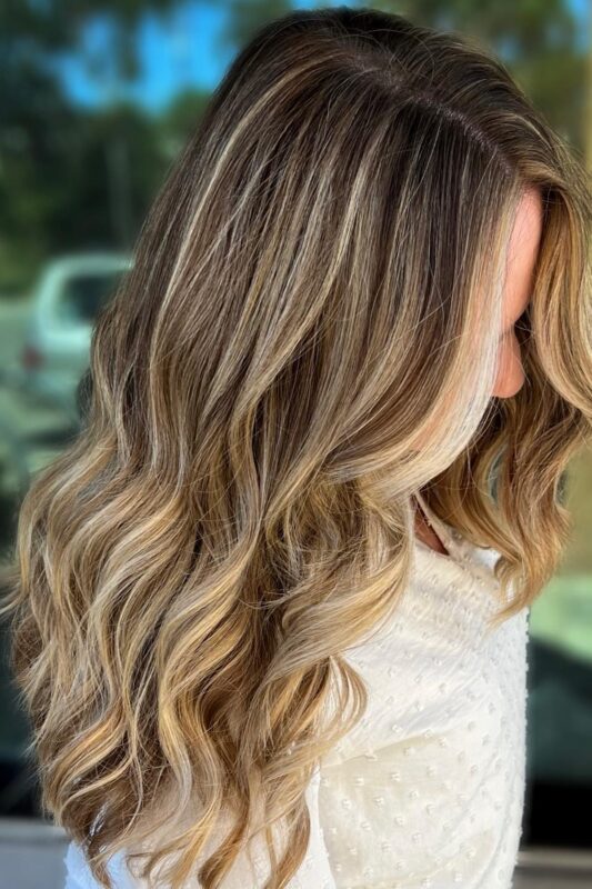 Woman with brown hair and light blonde highlights.